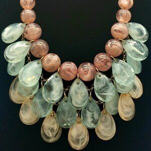 Silver Tone Acrylic Beaded Purple Blue Beaded Teardrop Statement Necklace